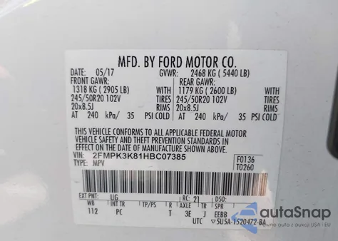 2017 Ford Edge Titanium z USA, uszkodzony, nr VIN 2FMPK3K81HBC07385